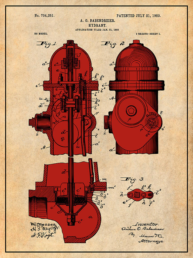 1903 Fire Hydrant Colorized Patent Print Drawing By Greg Edwards Fine Art America