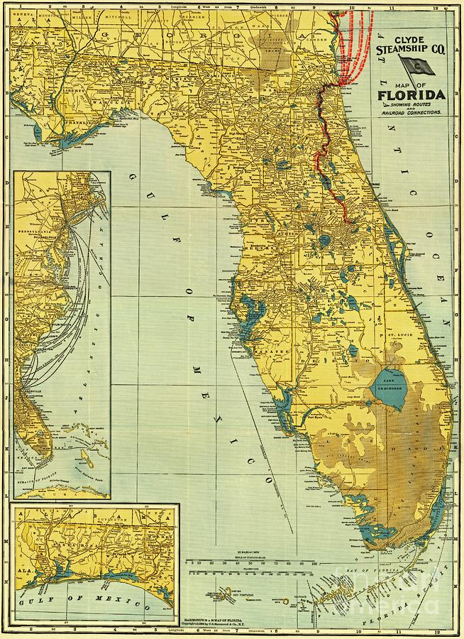 1903 Map of Florida for the Clyde Steamship Company Showing Routes and Railroad Connections Digital Art by Peter Ogden