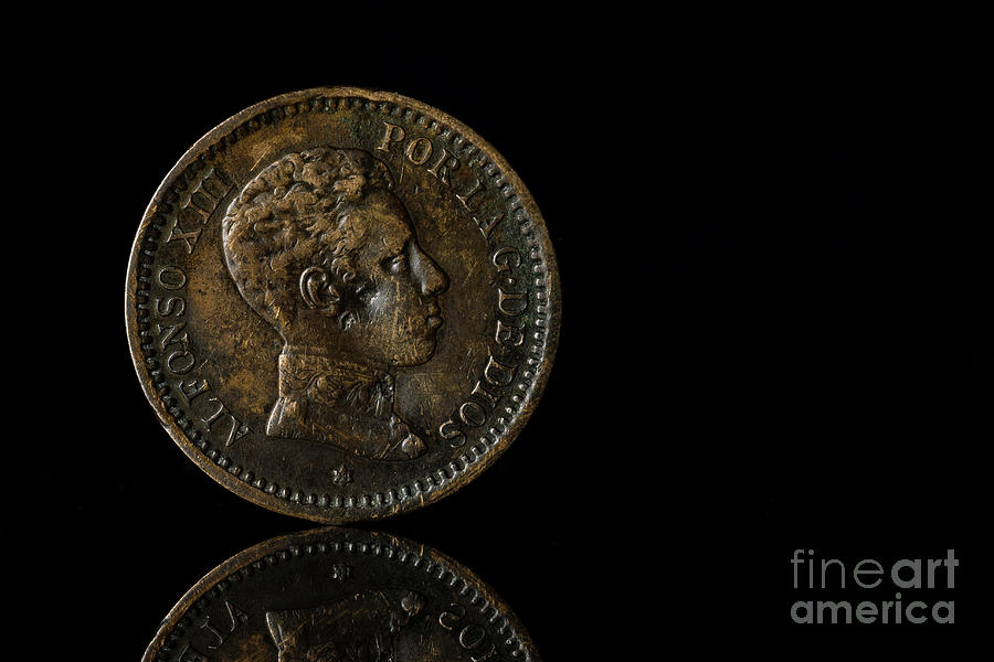 1904 2 Cents Coin Alfonso XIII King of Spain Black Background Reflection Copy space Macro Photograph by Pablo Avanzini
