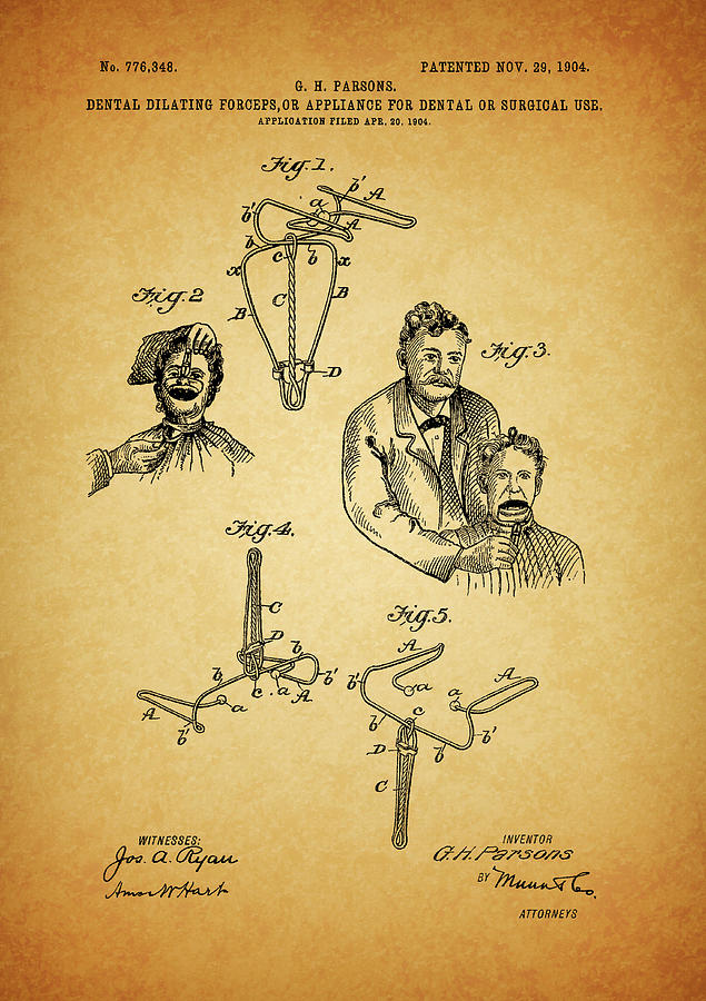 Dental Tools Drawing - 1904 Dental Forceps Patent by Dan Sproul