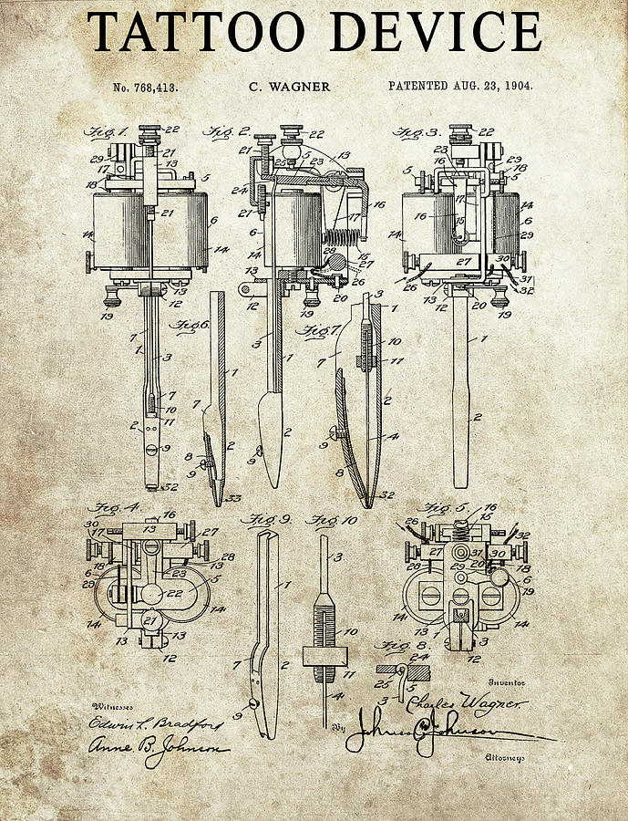 Tattoo Machine Drawing - 1904 Tattoo Machine Patent  by Dan Sproul