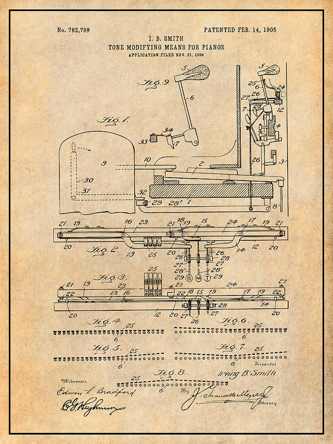 1904 Tone Modifying Means for Pianos Antique Paper Patent Print Drawing by Greg Edwards