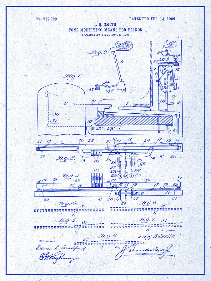 1904 Tone Modifying Means for Pianos Blueprint Patent Print Drawing by Greg Edwards