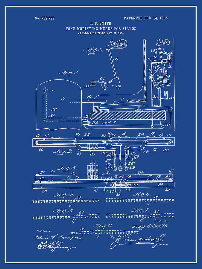 1904 Tone Modifying Means for Pianos Dark Blue Patent Print Drawing by Greg Edwards