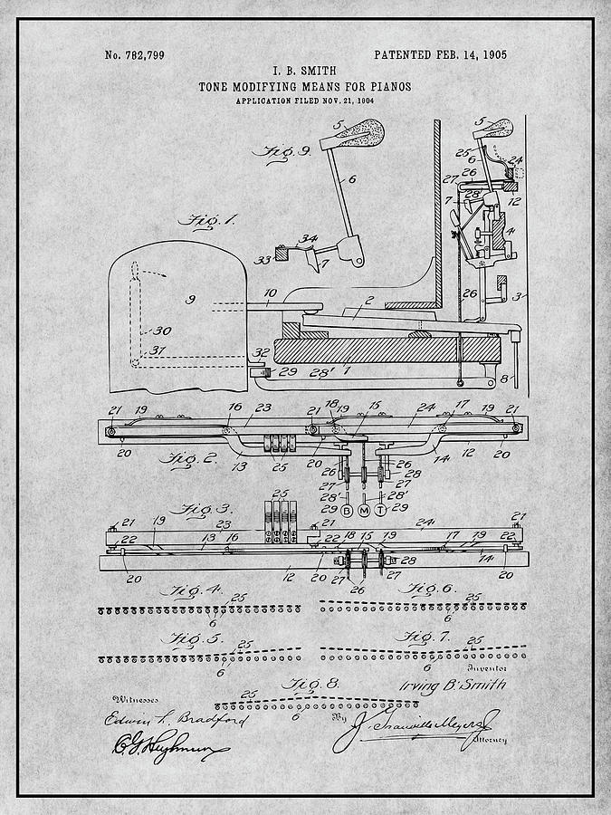1904 Tone Modifying Means for Pianos Gray Patent Print Drawing by Greg Edwards