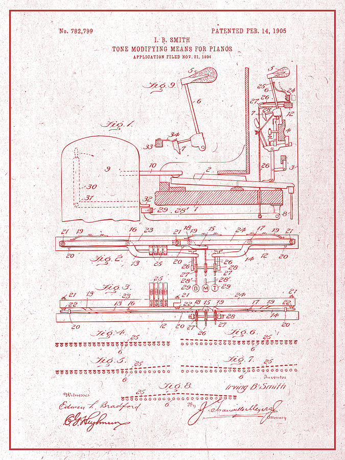 1904 Tone Modifying Means for Pianos Red Patent Print Drawing by Greg Edwards