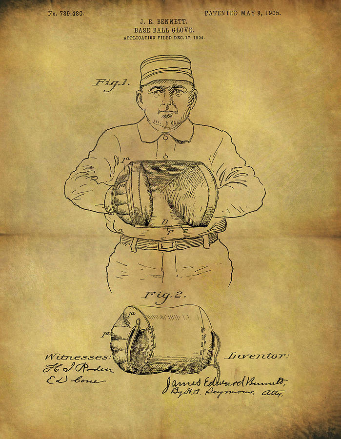 Baseball Glove Drawing - 1905 Baseball Glove Patent by Dan Sproul