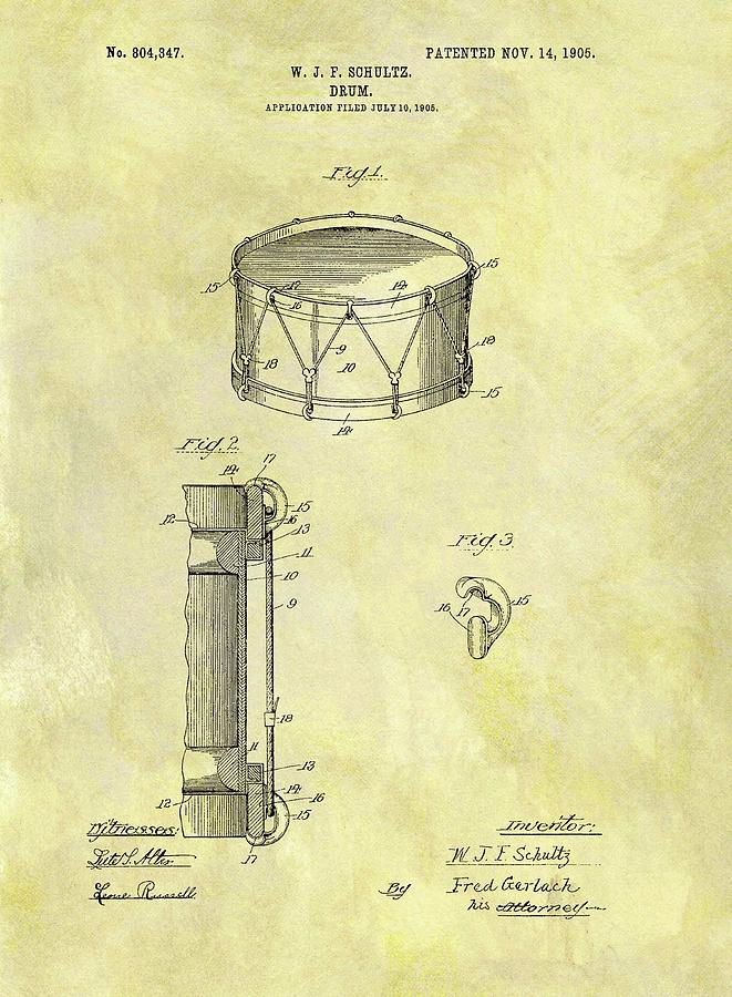 1905 Drum Patent Drawing Drawing by Dan Sproul