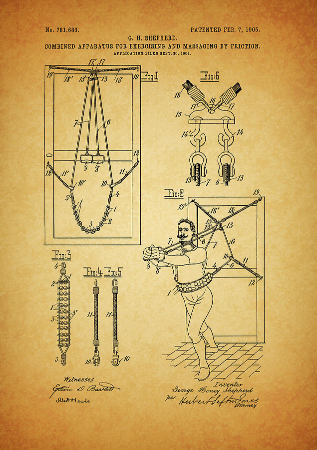 Vintage Drawing - 1905 Exercise Machine Patent Drawing by Dan Sproul