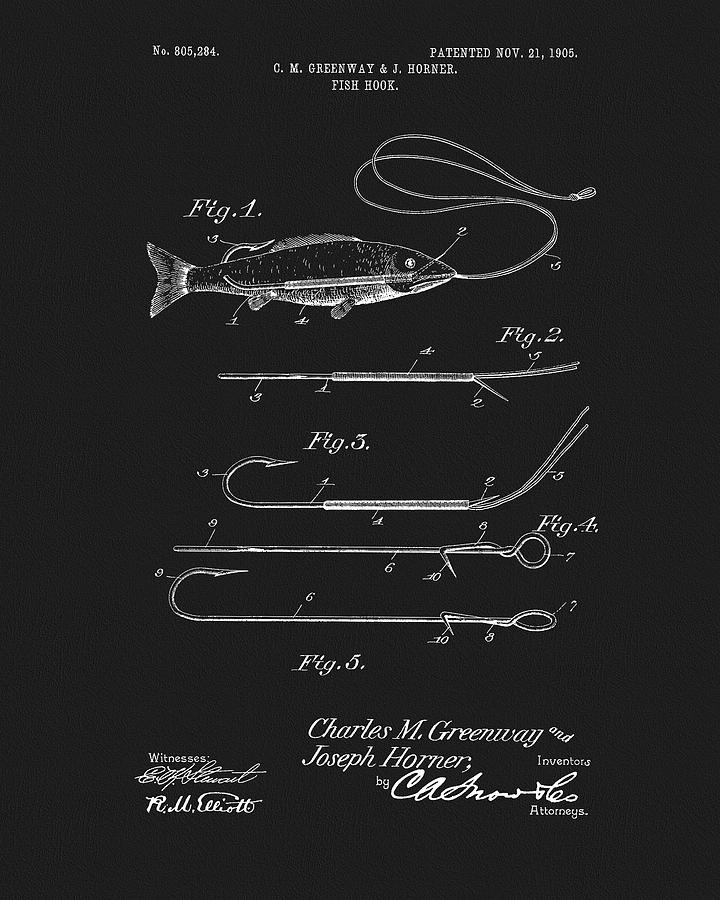 1905 Fishing Hook Patent Drawing by Dan Sproul