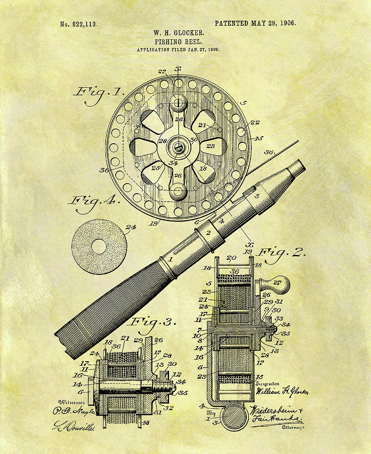 Fishing Reel Drawing - 1906 Fishing Reel Patent by Dan Sproul
