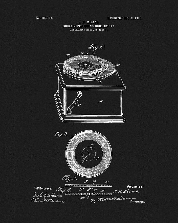 Record Player Drawing - 1906 Record Player Patent by Dan Sproul