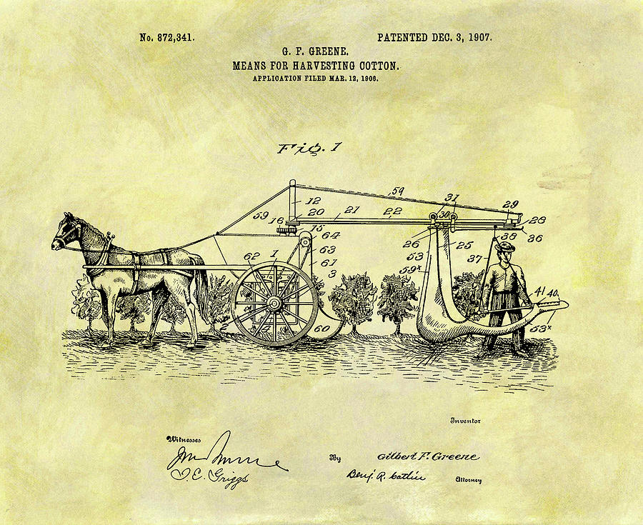 Farm Drawing - 1907 Cotton Harvester Patent by Dan Sproul