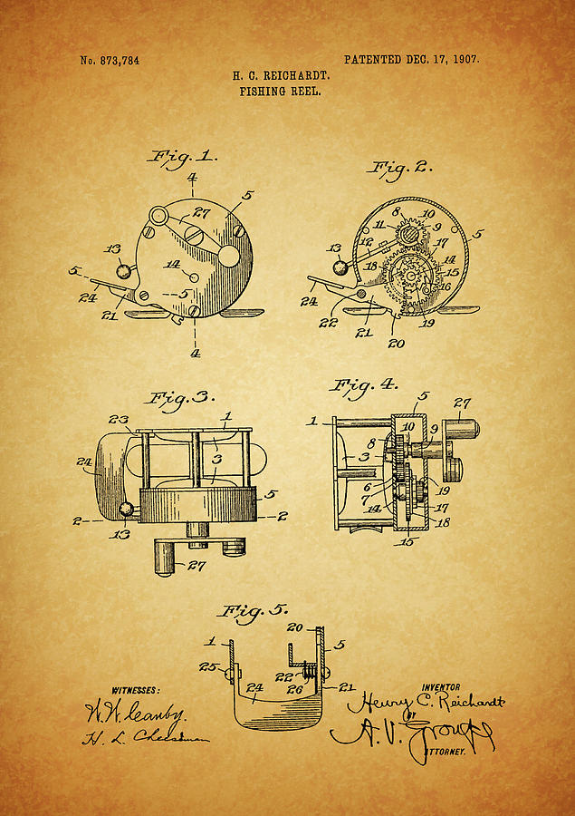 Fishing Reel Drawing - 1907 Fishing Reel Patent by Dan Sproul