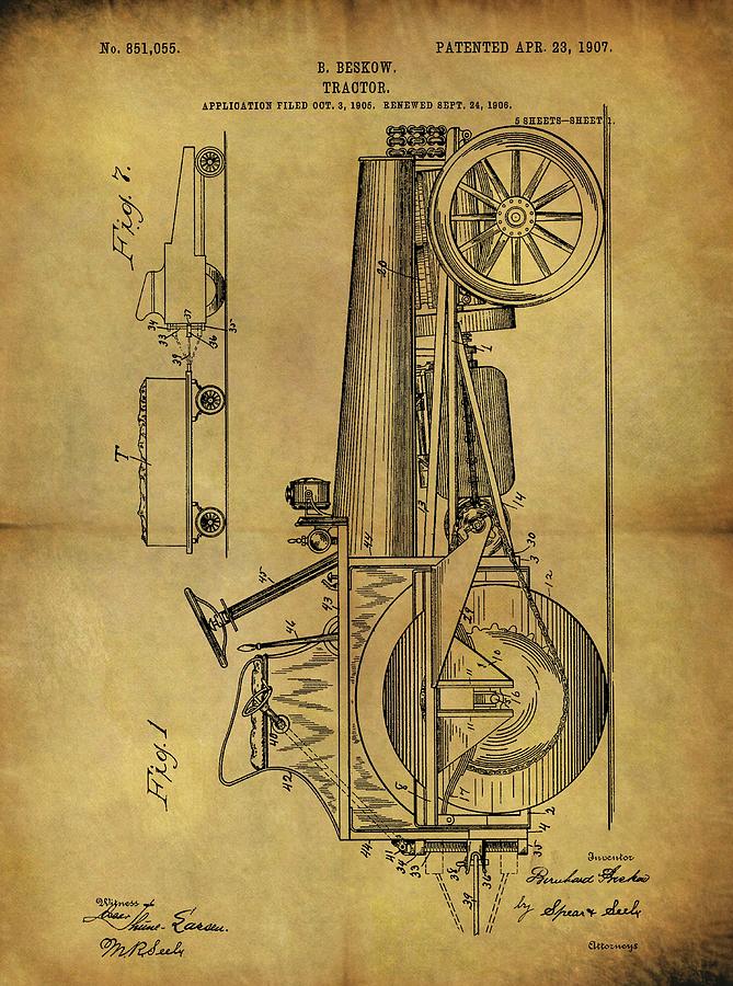 Farm Drawing - 1907 Tractor Patent by Dan Sproul