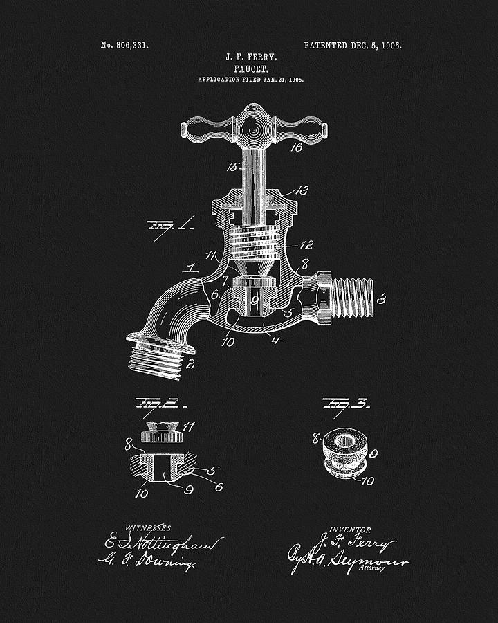 1907 Water Faucet Patent Drawing by Dan Sproul