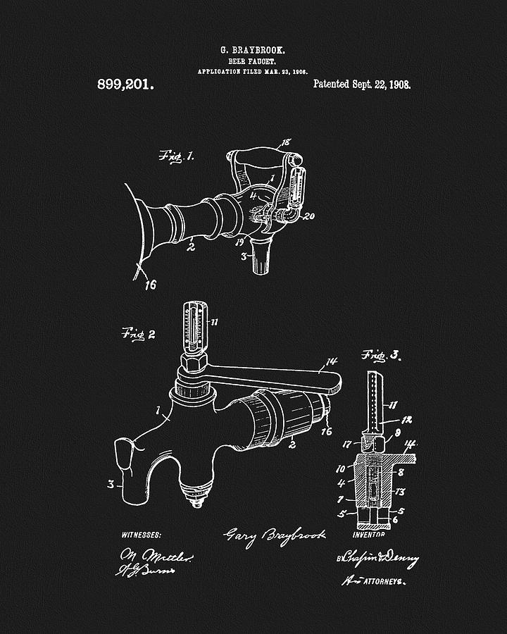 Beer Drawing - 1908 Beer Faucet Patent by Dan Sproul