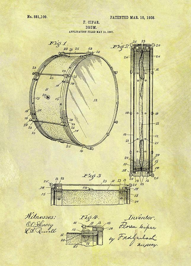 Drum Drawing - 1908 Drum Patent by Dan Sproul