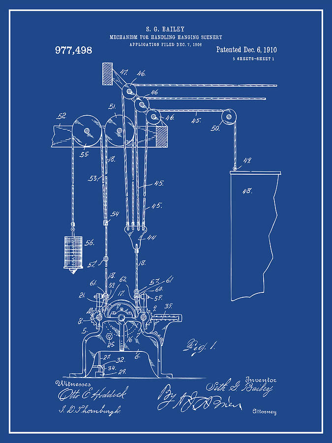 Broadway Drawing - 1908 Mechanism for Handling Hanging Scenery Dark Blue Patent Print by Greg Edwards