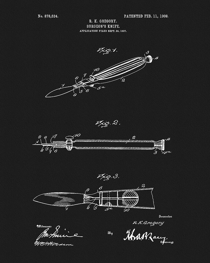 Surgeon Drawing - 1908 Surgeons Knife Patent by Dan Sproul