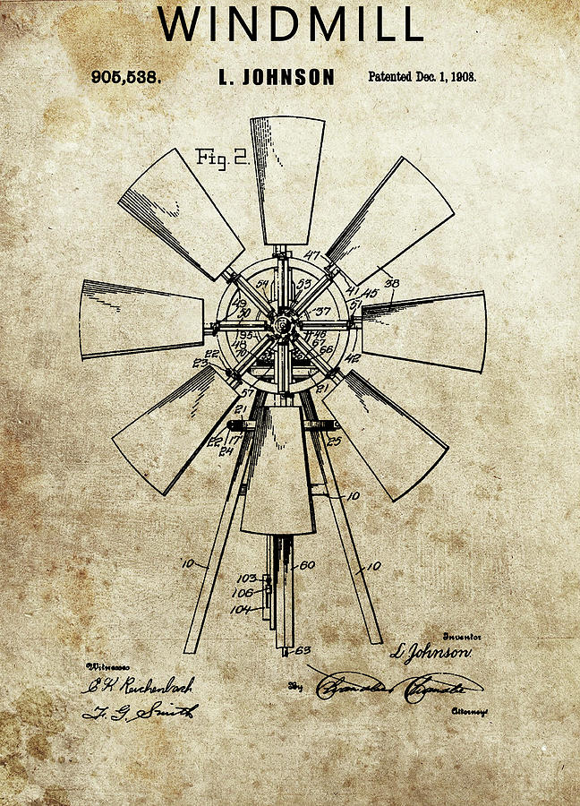 Old Windmill Drawing - 1908 Windmill Patent by Dan Sproul