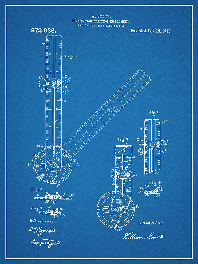 1909 Combination Drafting Instrument Blueprint Patent Print Drawing by Greg Edwards