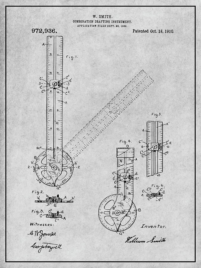 1909 Combination Drafting Instrument Gray Patent Print Drawing by Greg Edwards