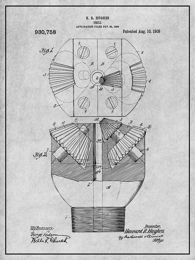 1909 Howard Hughes Drill Patent Print Gray Drawing by Greg Edwards ...