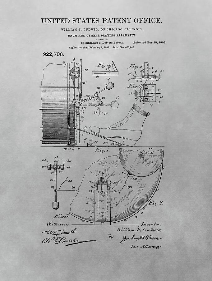 1909 Ludwig Drum Pedal Patent Drawing by Dan Sproul