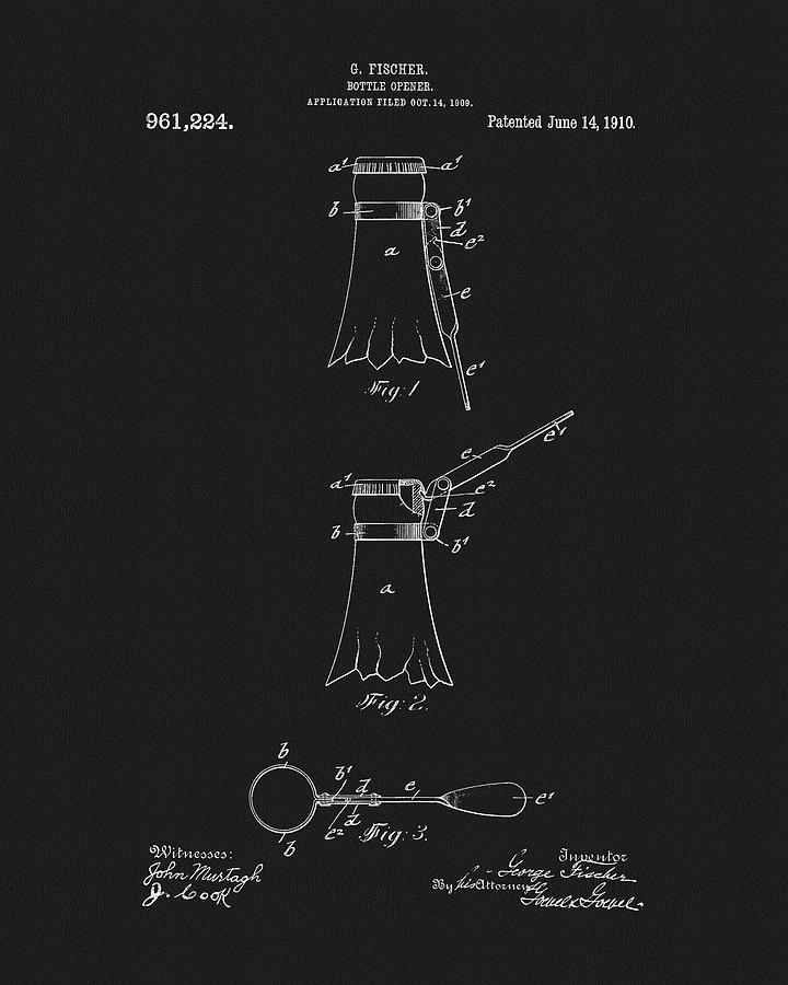 Beer Drawing - 1910 Bottle Opener Patent by Dan Sproul