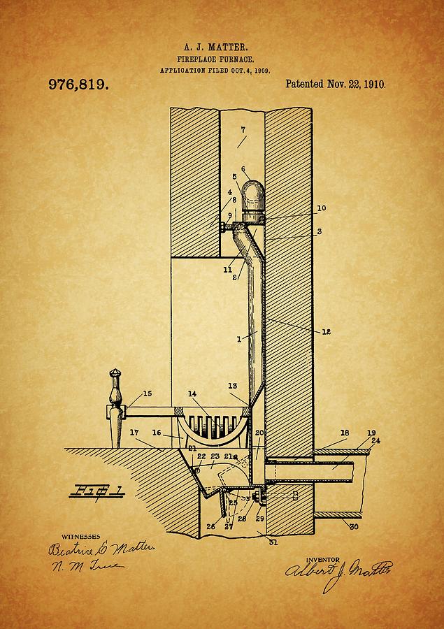 1910 Fireplace Furnace Patent Drawing by Dan Sproul