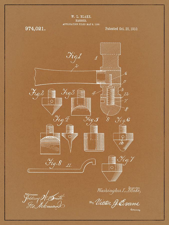Tool Drawing - 1910 Hammer Patent by Dan Sproul