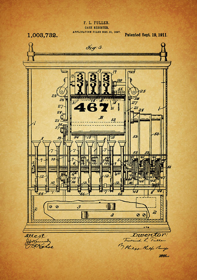 Cash Register Drawing - 1911 Cash Register Patent by Dan Sproul
