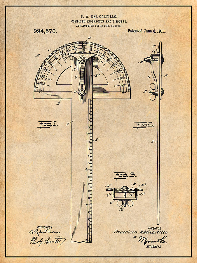 1911 Combined Protractor and T Square Antique Paper Patent Print Drawing by Greg Edwards