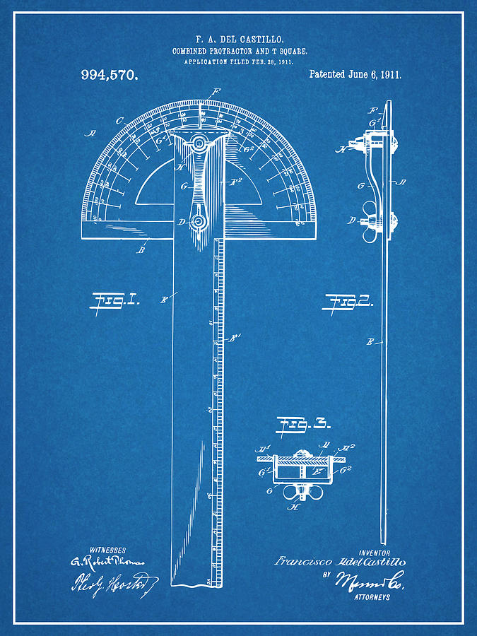 1911 Combined Protractor and T Square Blueprint Patent Print Drawing by Greg Edwards