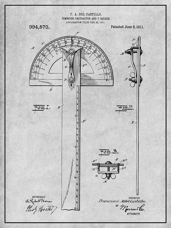 1911 Combined Protractor and T Square Gray Patent Print Drawing by Greg Edwards