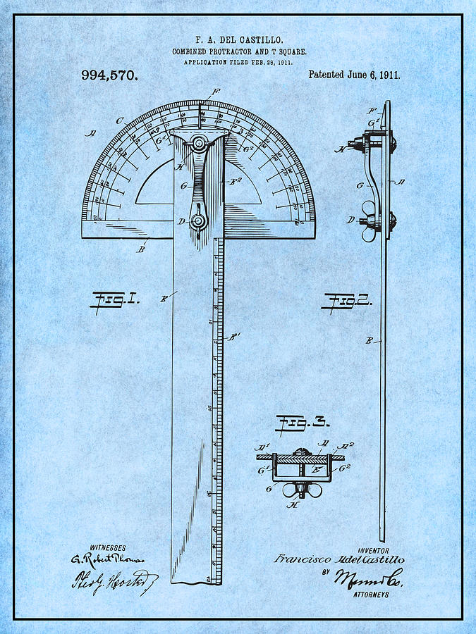 1911 Combined Protractor and T Square Light Blue Patent Print  Drawing by Greg Edwards
