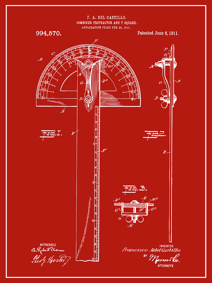 1911 Combined Protractor and T Square Red Patent Print Drawing by Greg Edwards