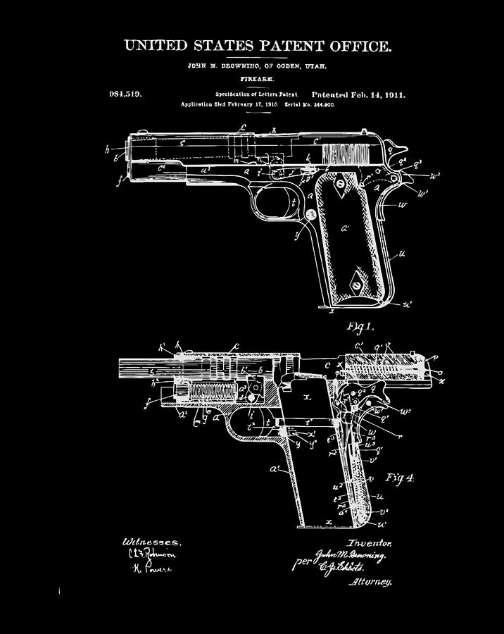 1911 Retro Vintage Handgun Diagram Blueprint Pistol 45Acp Digital Art