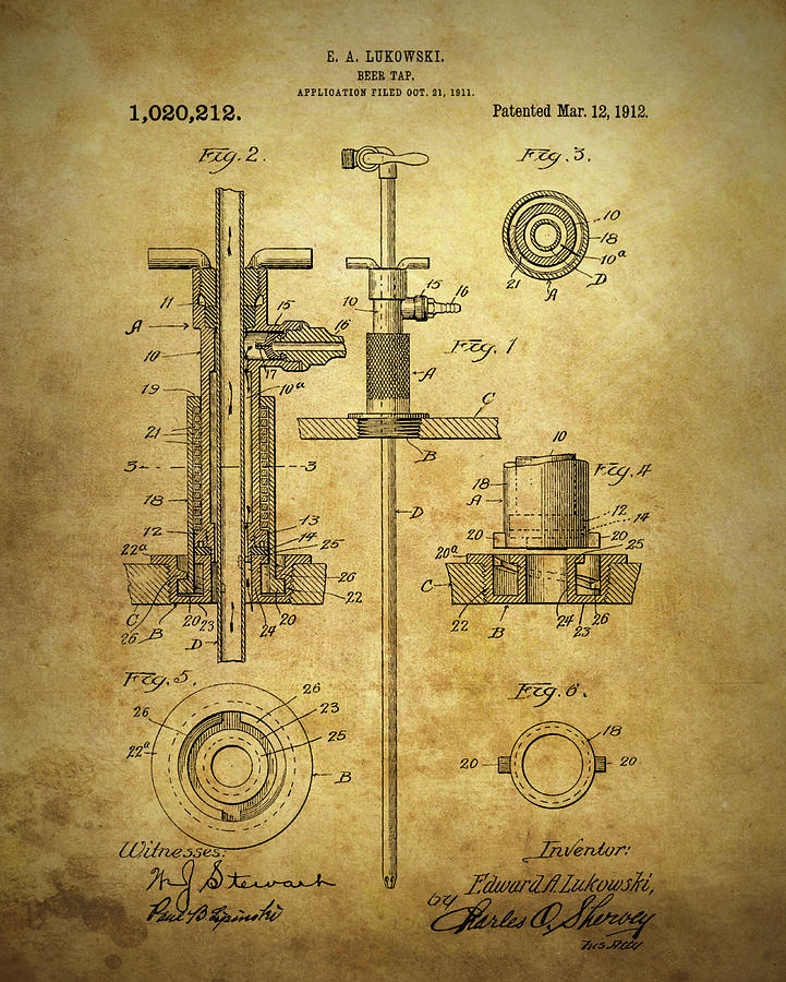 Beer Drawing - 1912 Beer Tap Patent by Dan Sproul