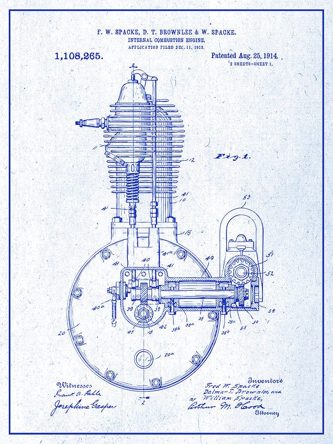 1912 Spacke Internal Combustion Engine Patent Print Blueprint Drawing by Greg Edwards