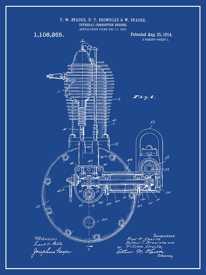 1912 Spacke Internal Combustion Engine Patent Print Dark Blue Drawing by Greg Edwards