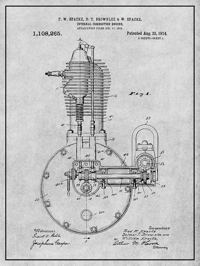 1912 Spacke Internal Combustion Engine Patent Print Gray Drawing by Greg Edwards