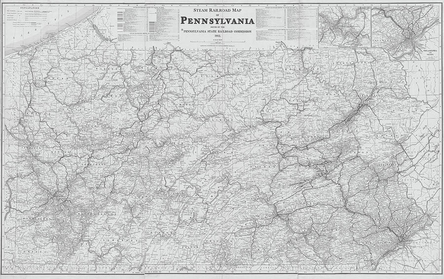 1912 Steam Railroad Map of Pennsylvania in Black and White Photograph by Toby McGuire