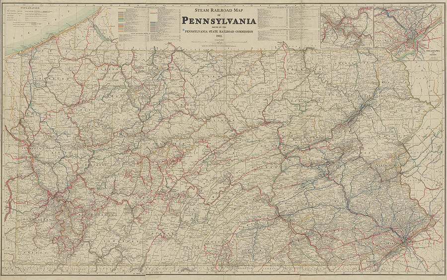1912 Steam Railroad Map of Pennsylvania in Color Photograph by Toby McGuire