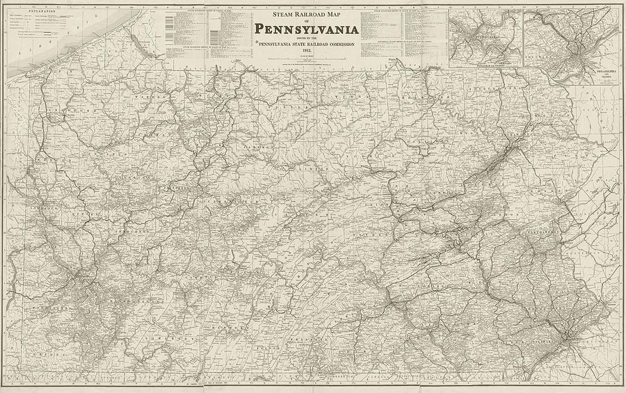1912 Steam Railroad Map of Pennsylvania in Sepia Photograph by Toby McGuire