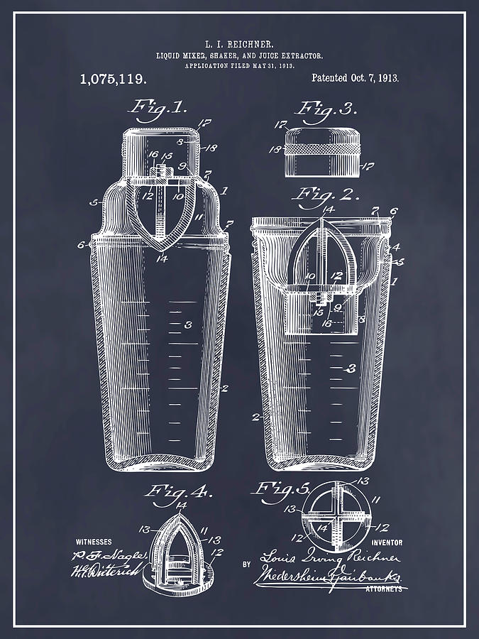 1913 Cocktail Shaker Blackboard Patent Print Drawing by Greg Edwards