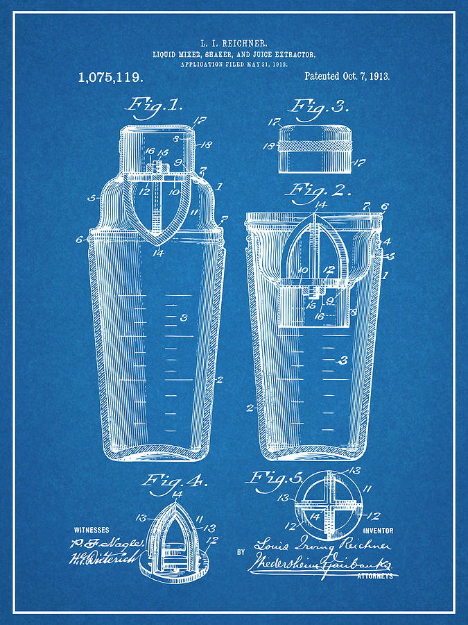 1913 Cocktail Shaker Blueprint Patent Print Drawing by Greg Edwards