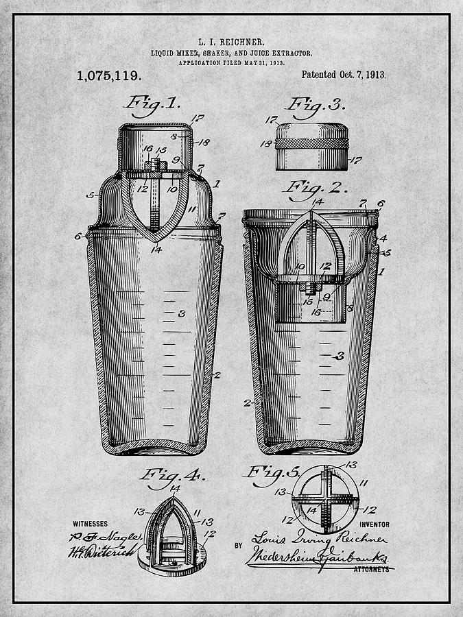 1913 Cocktail Shaker Gray Patent Print  Drawing by Greg Edwards