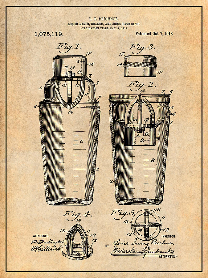 1913 Cocktail Shaker Antique Paper Patent Print is the perfect gift for the hard to buy for collecto Drawing by Greg Edwards